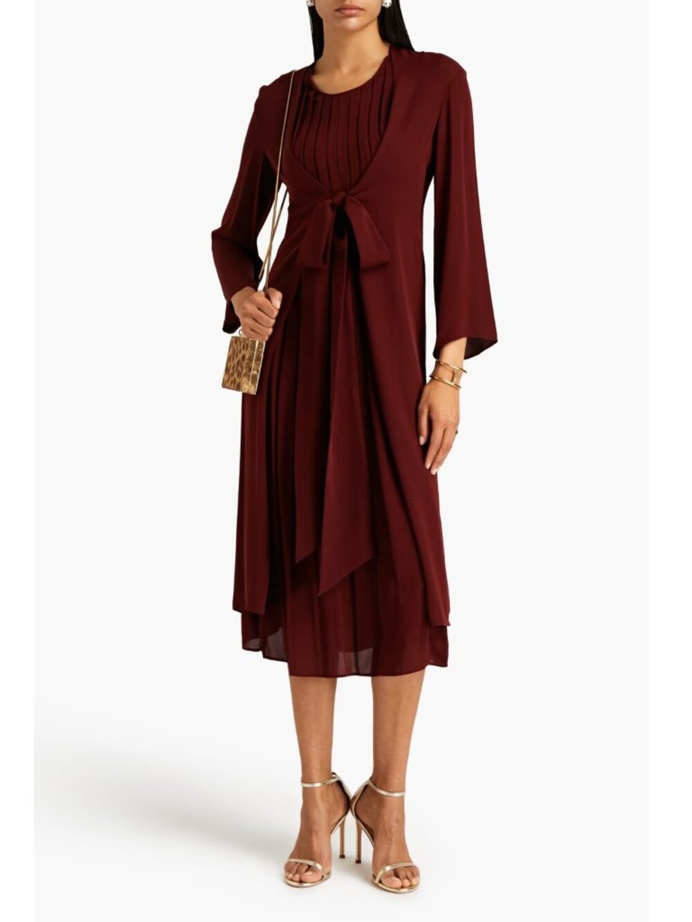 NWT Valentino Tie-front Pleated Silk Crepe Midi Dress, IT36/US 0, Burgundy